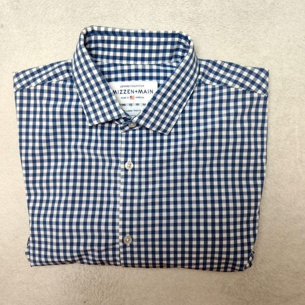 Mizzen+Main Shirt Mens XL Blue Gingham Trim Point Collar Long Sleeve Work USA